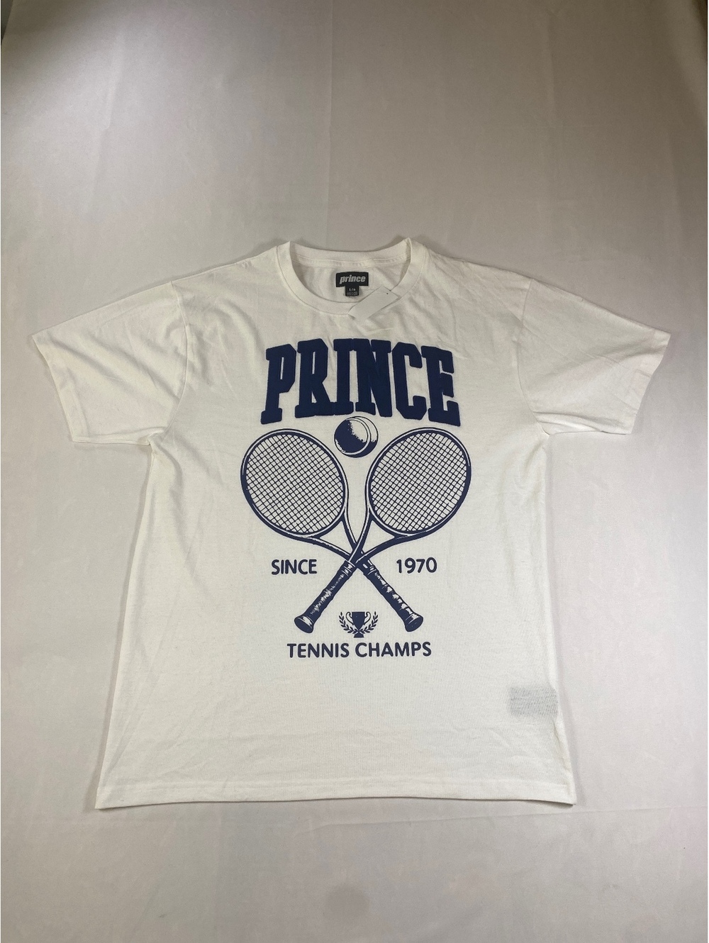 Prince Men's Large White Tennis T-Shirt with Navy Graphic Print, Cotton-Polymer